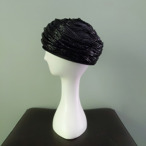 Vintage Jean Pierre Paris New York Shiny Straw Turban Pillbox Hat with Roses - Picture 5 of 9